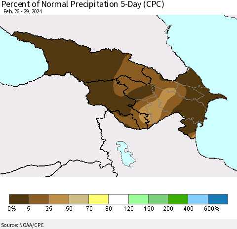 Azerbaijan, Armenia and Georgia Percent of Normal Precipitation 5-Day (CPC) Thematic Map For 2/26/2024 - 2/29/2024
