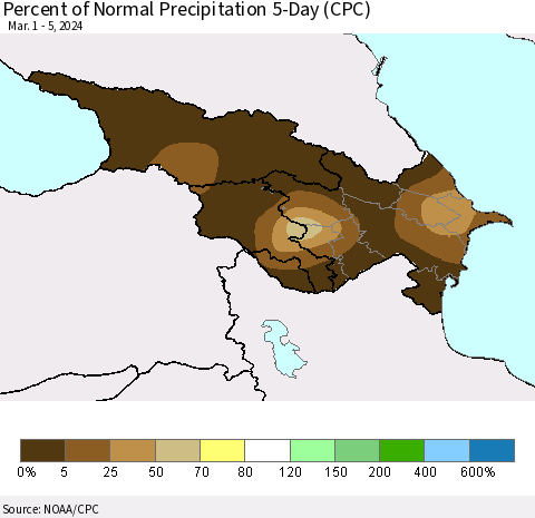 Azerbaijan, Armenia and Georgia Percent of Normal Precipitation 5-Day (CPC) Thematic Map For 3/1/2024 - 3/5/2024