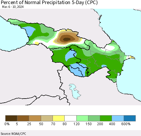 Azerbaijan, Armenia and Georgia Percent of Normal Precipitation 5-Day (CPC) Thematic Map For 3/6/2024 - 3/10/2024