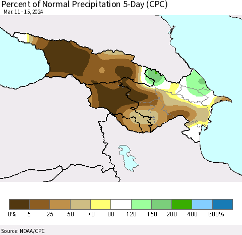 Azerbaijan, Armenia and Georgia Percent of Normal Precipitation 5-Day (CPC) Thematic Map For 3/11/2024 - 3/15/2024