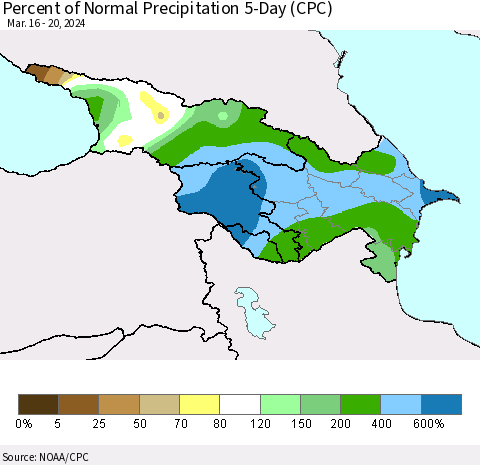 Azerbaijan, Armenia and Georgia Percent of Normal Precipitation 5-Day (CPC) Thematic Map For 3/16/2024 - 3/20/2024