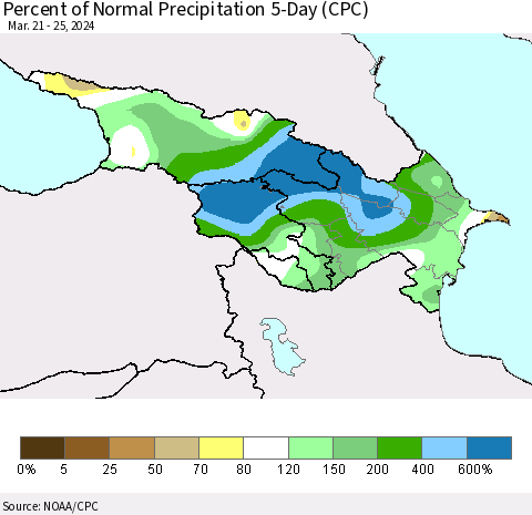 Azerbaijan, Armenia and Georgia Percent of Normal Precipitation 5-Day (CPC) Thematic Map For 3/21/2024 - 3/25/2024