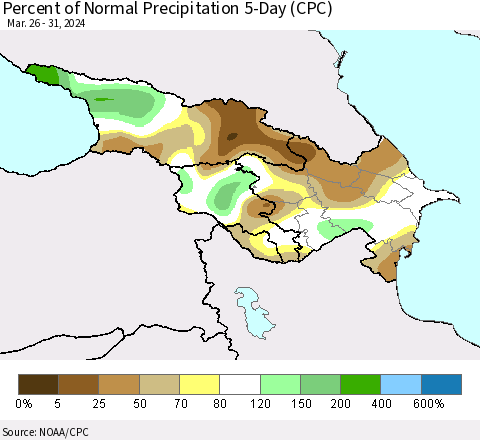 Azerbaijan, Armenia and Georgia Percent of Normal Precipitation 5-Day (CPC) Thematic Map For 3/26/2024 - 3/31/2024