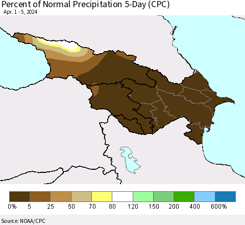 Azerbaijan, Armenia and Georgia Percent of Normal Precipitation 5-Day (CPC) Thematic Map For 4/1/2024 - 4/5/2024