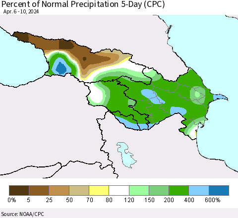 Azerbaijan, Armenia and Georgia Percent of Normal Precipitation 5-Day (CPC) Thematic Map For 4/6/2024 - 4/10/2024