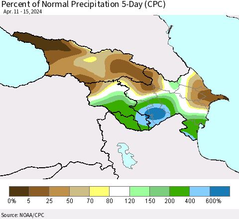Azerbaijan, Armenia and Georgia Percent of Normal Precipitation 5-Day (CPC) Thematic Map For 4/11/2024 - 4/15/2024