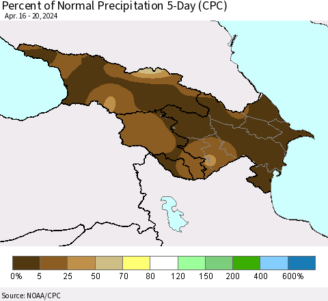 Azerbaijan, Armenia and Georgia Percent of Normal Precipitation 5-Day (CPC) Thematic Map For 4/16/2024 - 4/20/2024