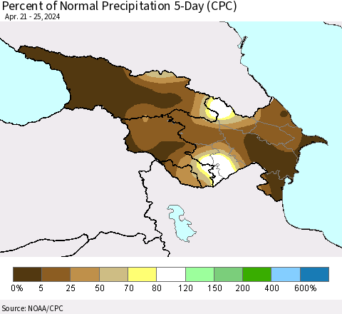 Azerbaijan, Armenia and Georgia Percent of Normal Precipitation 5-Day (CPC) Thematic Map For 4/21/2024 - 4/25/2024