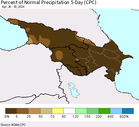 Azerbaijan, Armenia and Georgia Percent of Normal Precipitation 5-Day (CPC) Thematic Map For 4/26/2024 - 4/30/2024