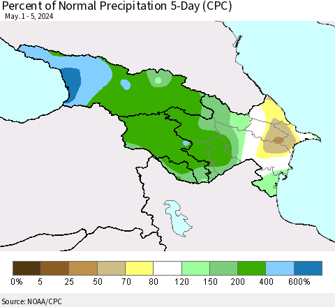 Azerbaijan, Armenia and Georgia Percent of Normal Precipitation 5-Day (CPC) Thematic Map For 5/1/2024 - 5/5/2024