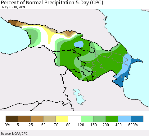 Azerbaijan, Armenia and Georgia Percent of Normal Precipitation 5-Day (CPC) Thematic Map For 5/6/2024 - 5/10/2024