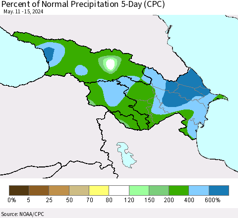 Azerbaijan, Armenia and Georgia Percent of Normal Precipitation 5-Day (CPC) Thematic Map For 5/11/2024 - 5/15/2024