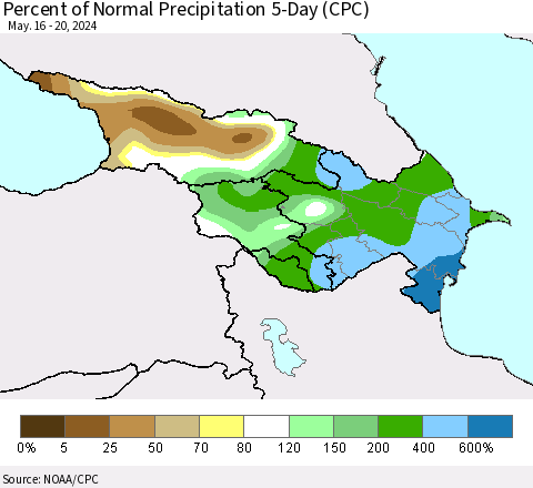Azerbaijan, Armenia and Georgia Percent of Normal Precipitation 5-Day (CPC) Thematic Map For 5/16/2024 - 5/20/2024