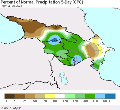 Azerbaijan, Armenia and Georgia Percent of Normal Precipitation 5-Day (CPC) Thematic Map For 5/21/2024 - 5/25/2024