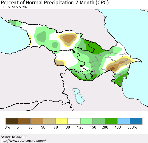 Azerbaijan, Armenia and Georgia Percent of Normal Precipitation 2-Month (CPC) Thematic Map For 7/6/2021 - 9/5/2021