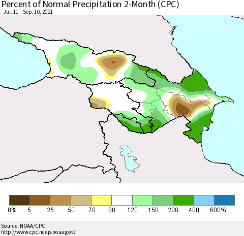 Azerbaijan, Armenia and Georgia Percent of Normal Precipitation 2-Month (CPC) Thematic Map For 7/11/2021 - 9/10/2021