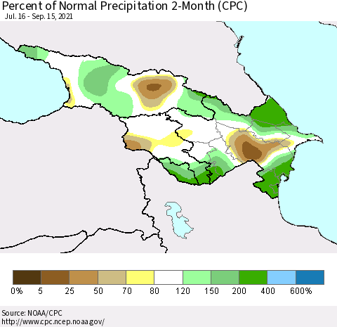 Azerbaijan, Armenia and Georgia Percent of Normal Precipitation 2-Month (CPC) Thematic Map For 7/16/2021 - 9/15/2021