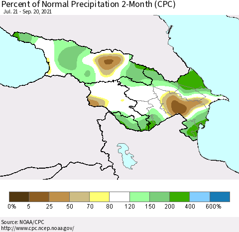 Azerbaijan, Armenia and Georgia Percent of Normal Precipitation 2-Month (CPC) Thematic Map For 7/21/2021 - 9/20/2021