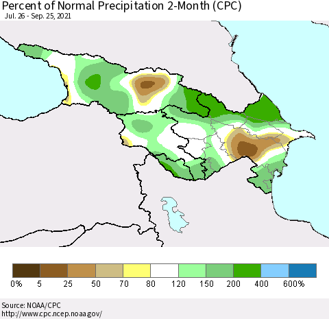Azerbaijan, Armenia and Georgia Percent of Normal Precipitation 2-Month (CPC) Thematic Map For 7/26/2021 - 9/25/2021