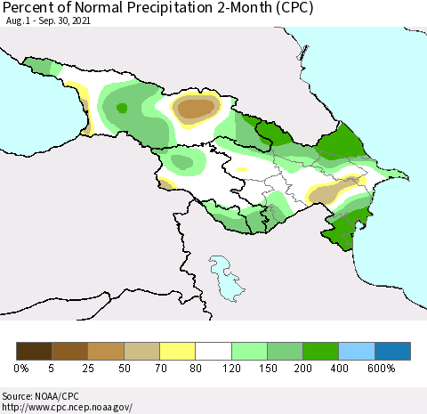 Azerbaijan, Armenia and Georgia Percent of Normal Precipitation 2-Month (CPC) Thematic Map For 8/1/2021 - 9/30/2021