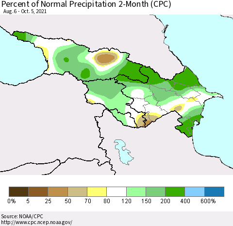 Azerbaijan, Armenia and Georgia Percent of Normal Precipitation 2-Month (CPC) Thematic Map For 8/6/2021 - 10/5/2021