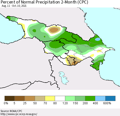 Azerbaijan, Armenia and Georgia Percent of Normal Precipitation 2-Month (CPC) Thematic Map For 8/11/2021 - 10/10/2021