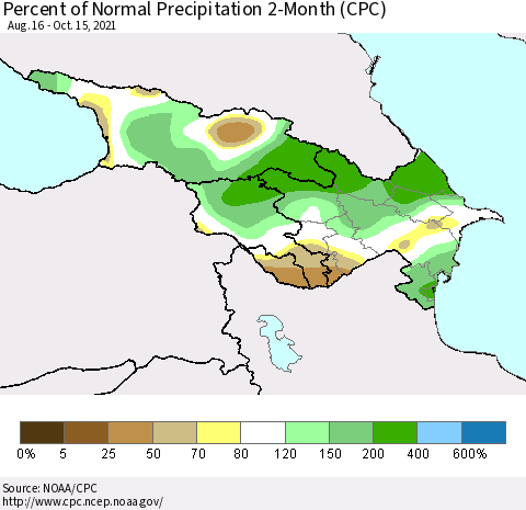 Azerbaijan, Armenia and Georgia Percent of Normal Precipitation 2-Month (CPC) Thematic Map For 8/16/2021 - 10/15/2021
