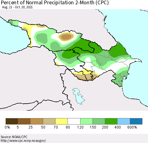 Azerbaijan, Armenia and Georgia Percent of Normal Precipitation 2-Month (CPC) Thematic Map For 8/21/2021 - 10/20/2021
