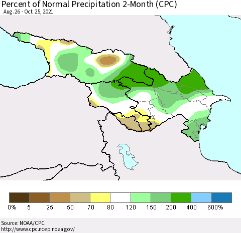 Azerbaijan, Armenia and Georgia Percent of Normal Precipitation 2-Month (CPC) Thematic Map For 8/26/2021 - 10/25/2021