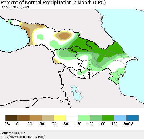 Azerbaijan, Armenia and Georgia Percent of Normal Precipitation 2-Month (CPC) Thematic Map For 9/6/2021 - 11/5/2021