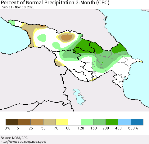 Azerbaijan, Armenia and Georgia Percent of Normal Precipitation 2-Month (CPC) Thematic Map For 9/11/2021 - 11/10/2021