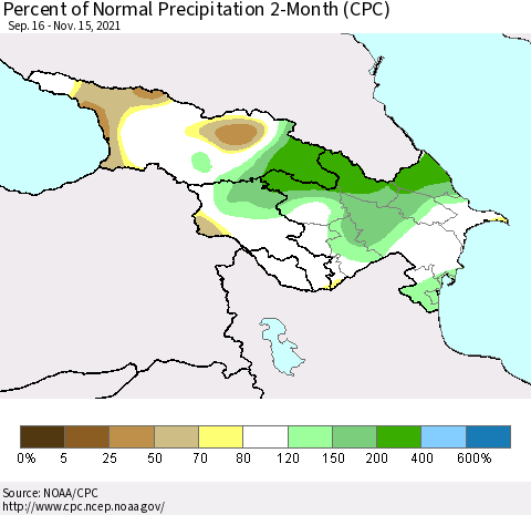 Azerbaijan, Armenia and Georgia Percent of Normal Precipitation 2-Month (CPC) Thematic Map For 9/16/2021 - 11/15/2021