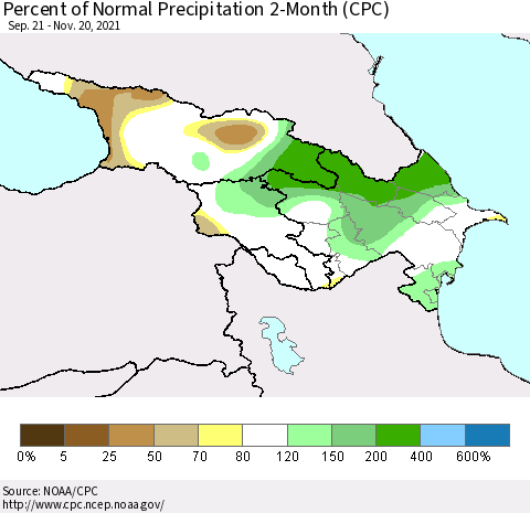 Azerbaijan, Armenia and Georgia Percent of Normal Precipitation 2-Month (CPC) Thematic Map For 9/21/2021 - 11/20/2021