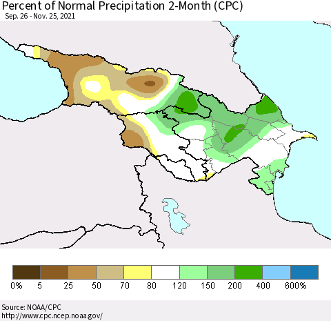 Azerbaijan, Armenia and Georgia Percent of Normal Precipitation 2-Month (CPC) Thematic Map For 9/26/2021 - 11/25/2021