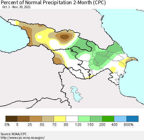 Azerbaijan, Armenia and Georgia Percent of Normal Precipitation 2-Month (CPC) Thematic Map For 10/1/2021 - 11/30/2021