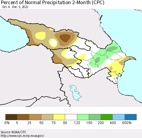 Azerbaijan, Armenia and Georgia Percent of Normal Precipitation 2-Month (CPC) Thematic Map For 10/6/2021 - 12/5/2021