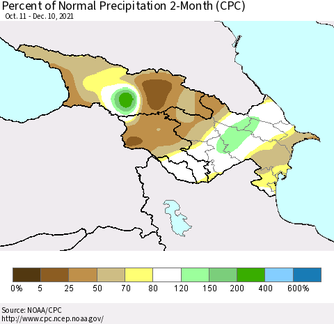 Azerbaijan, Armenia and Georgia Percent of Normal Precipitation 2-Month (CPC) Thematic Map For 10/11/2021 - 12/10/2021
