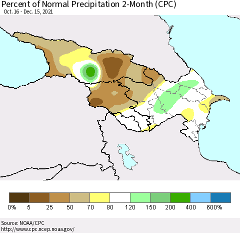 Azerbaijan, Armenia and Georgia Percent of Normal Precipitation 2-Month (CPC) Thematic Map For 10/16/2021 - 12/15/2021