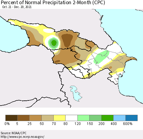 Azerbaijan, Armenia and Georgia Percent of Normal Precipitation 2-Month (CPC) Thematic Map For 10/21/2021 - 12/20/2021