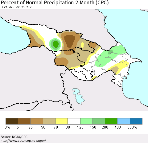 Azerbaijan, Armenia and Georgia Percent of Normal Precipitation 2-Month (CPC) Thematic Map For 10/26/2021 - 12/25/2021