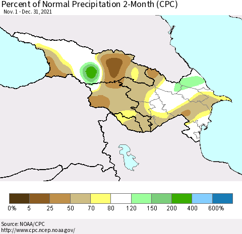 Azerbaijan, Armenia and Georgia Percent of Normal Precipitation 2-Month (CPC) Thematic Map For 11/1/2021 - 12/31/2021