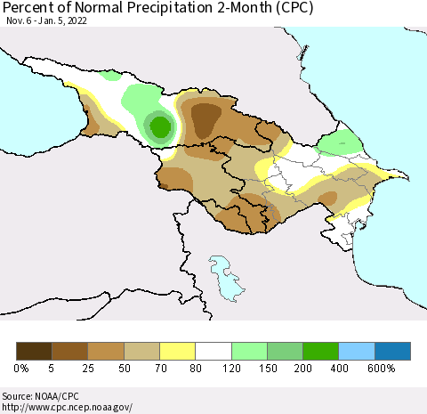 Azerbaijan, Armenia and Georgia Percent of Normal Precipitation 2-Month (CPC) Thematic Map For 11/6/2021 - 1/5/2022