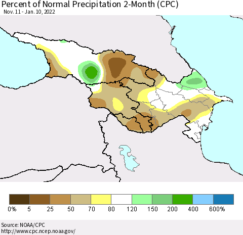 Azerbaijan, Armenia and Georgia Percent of Normal Precipitation 2-Month (CPC) Thematic Map For 11/11/2021 - 1/10/2022