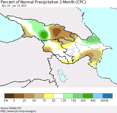 Azerbaijan, Armenia and Georgia Percent of Normal Precipitation 2-Month (CPC) Thematic Map For 11/16/2021 - 1/15/2022