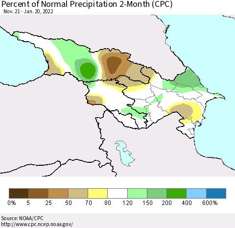 Azerbaijan, Armenia and Georgia Percent of Normal Precipitation 2-Month (CPC) Thematic Map For 11/21/2021 - 1/20/2022