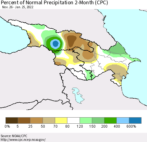 Azerbaijan, Armenia and Georgia Percent of Normal Precipitation 2-Month (CPC) Thematic Map For 11/26/2021 - 1/25/2022