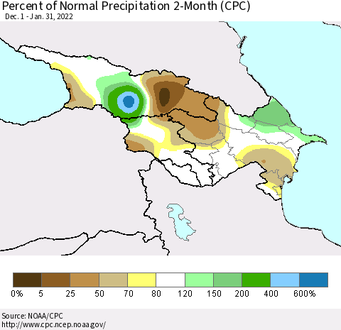 Azerbaijan, Armenia and Georgia Percent of Normal Precipitation 2-Month (CPC) Thematic Map For 12/1/2021 - 1/31/2022