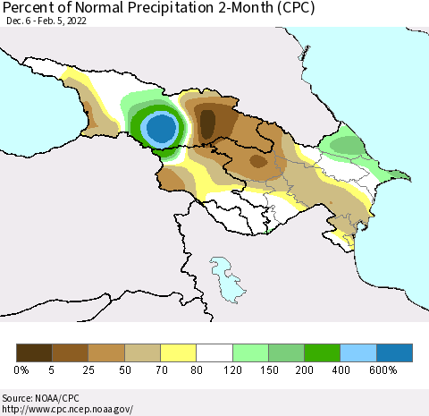 Azerbaijan, Armenia and Georgia Percent of Normal Precipitation 2-Month (CPC) Thematic Map For 12/6/2021 - 2/5/2022
