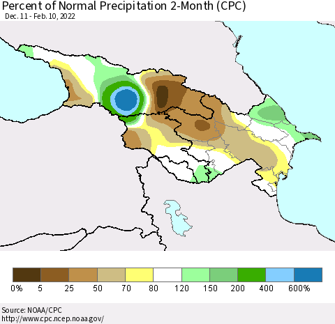 Azerbaijan, Armenia and Georgia Percent of Normal Precipitation 2-Month (CPC) Thematic Map For 12/11/2021 - 2/10/2022