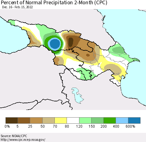 Azerbaijan, Armenia and Georgia Percent of Normal Precipitation 2-Month (CPC) Thematic Map For 12/16/2021 - 2/15/2022